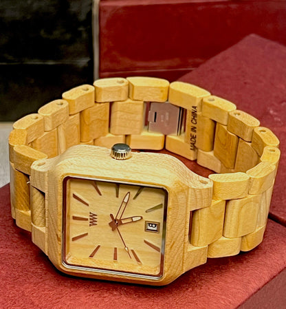 Natural Wooden Quartz Watch , Square Face Maple And Sandalwood Watches