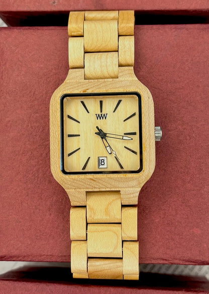 Natural Wooden Quartz Watch , Square Face Maple And Sandalwood Watches